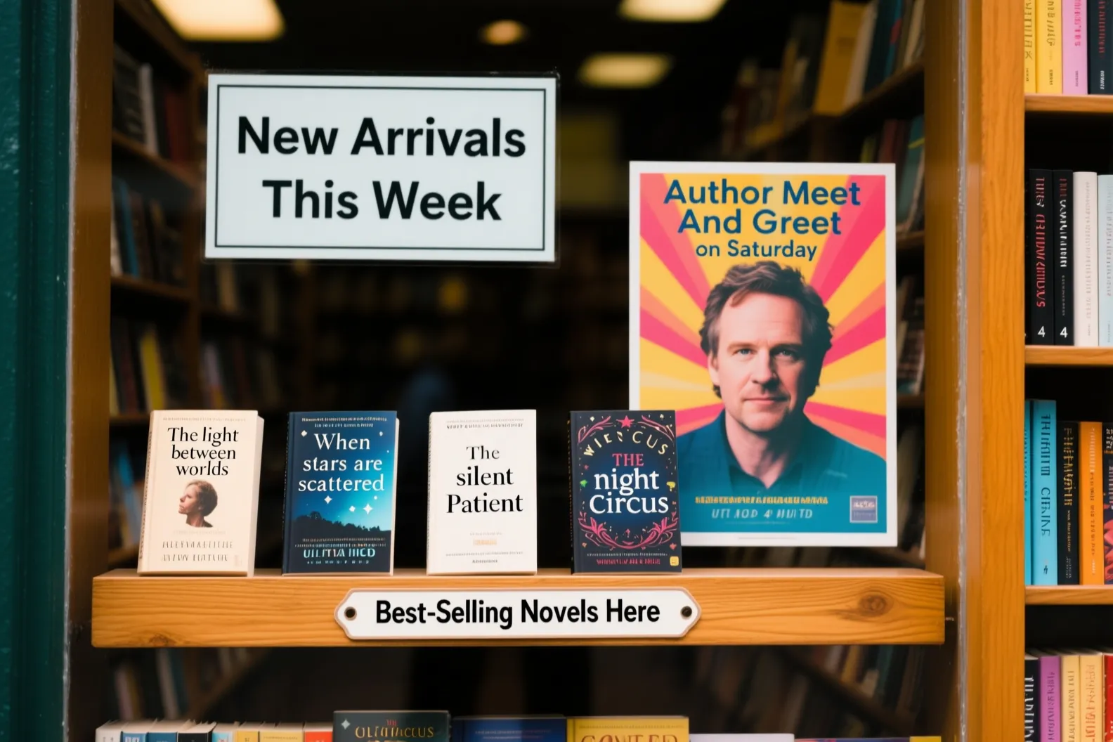 Bookstore window with accurate text rendering