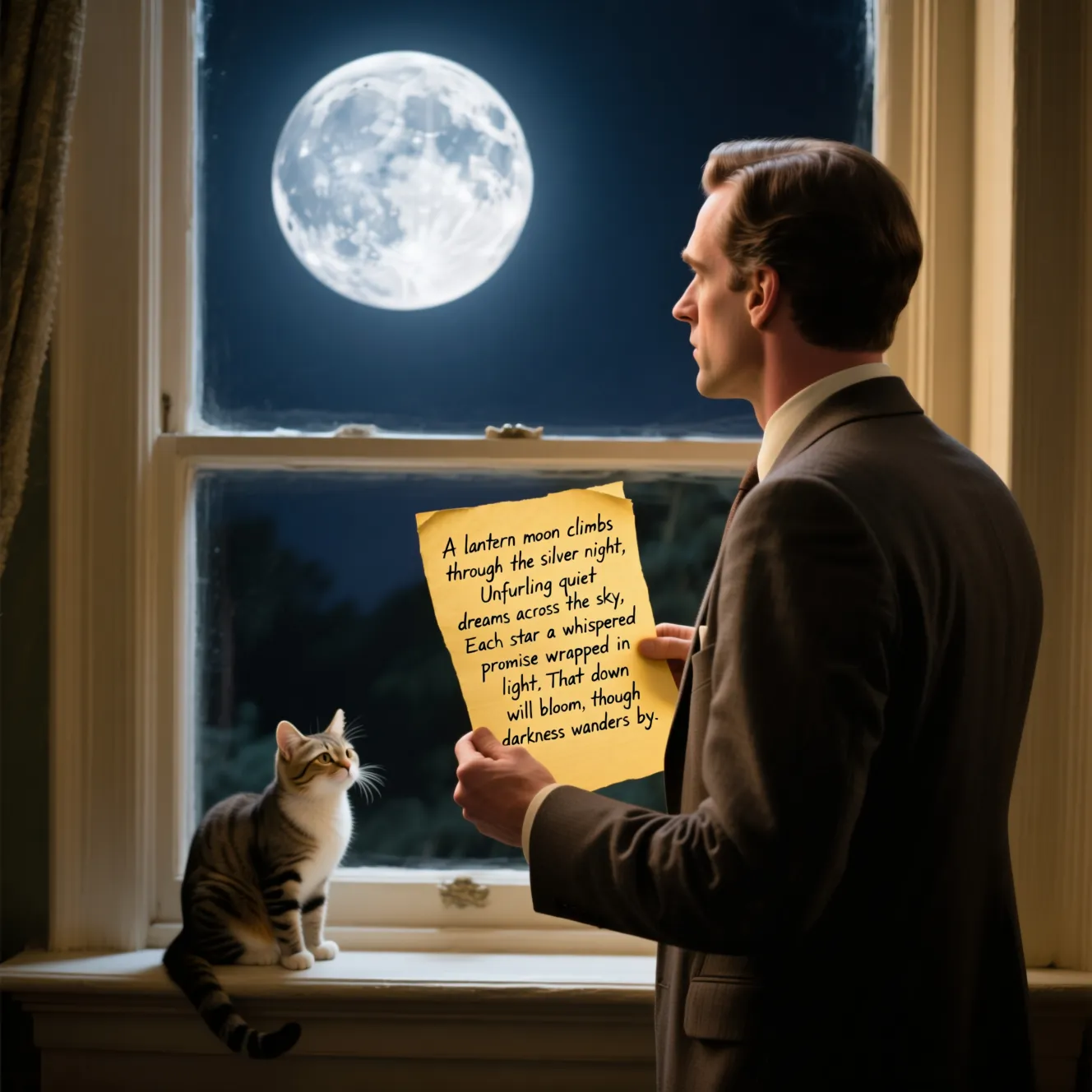 Man with handwritten poetry on yellowed paper